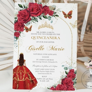 Red Floral Rose Butterfly Princess Quinceañera Invitation Printable EDITABLE TEMPLATE Mis Quince 15 Sweet 16 Birthday INSTANT Download QC13