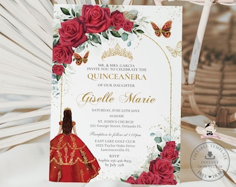 Red Floral Rose Butterfly Princess Quinceañera Invitation Printable EDITABLE TEMPLATE Mis Quince 15 Sweet 16 Birthday INSTANT Download QC13
