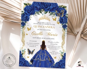 Royal Blue Floral Gold Butterflies Princess Quinceañera Invitation EDITABLE TEMPLATE Quince 15 XV Sweet 16 Birthday Download Digital QC16