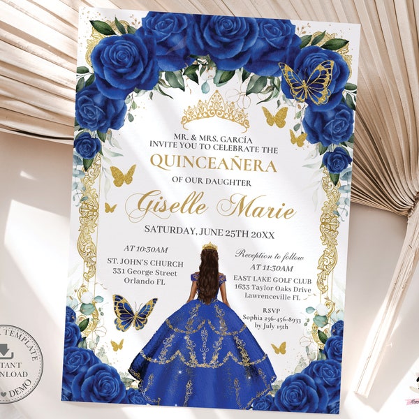 Royal Blue Floral Gold Butterflies Princess Quinceañera Invitation EDITABLE TEMPLATE Quince 15 XV Sweet 16 Birthday Download Digital QC16