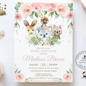 Animales australianos rosa floral verde bebé ducha invitación imprimible PLANTILLA EDITABLE, lindo canguro koala invitar descarga instantánea AU1