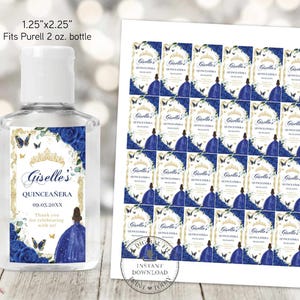 EDITABLE Hand Sanitizer Sticker Label Butterfly Royal Blue Floral Princess Dress Gold Quinceañera Quince XV Sweet 16 Birthday Download QC16