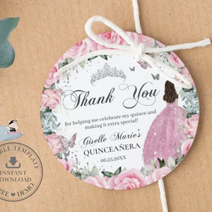 EDITABLE Round Circle Tag Sticker Labels Pink Roses Floral Silver Princess Dress Quinceañera Quince 15 XV Sweet 16th Birthday Download QC24