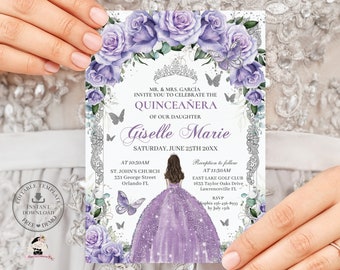 EDITABLE Purple Lavender Floral Silver Butterflies Princess Quinceañera Invitation Quince 15 XV Sweet 16th Birthday Download Digital QC5