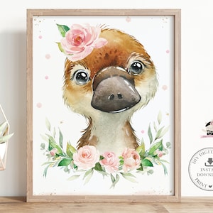 Platypus Australian Animal Pink Floral Baby Nursery Wall Art, INSTANT DOWNLOAD, Cute Whimsical Kids Bedroom Decoration PRINTABLE Files, AU1