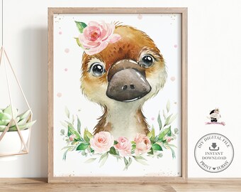 Arte de pared con diseño floral rosa de ornitorrinco australiano para habitación de bebé. Descarga instantánea. Decoración infantil divertida y adorable para dormitorio infantil. Archivos imprimibles. AU1