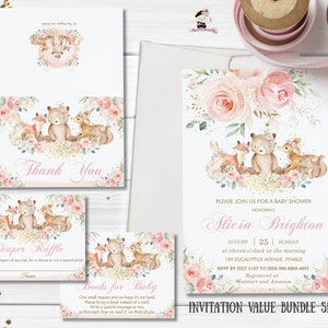 Blush Pink Floral Woodland Animals Baby Shower Invitation Value Bundle Printable EDITABLE TEMPLATE Thank You Diaper Raffle Book for Baby WG1