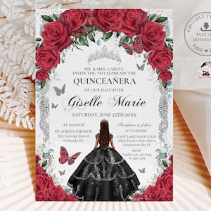 Red Floral Black Dress Princess Silver Quinceañera Invitation EDITABLE TEMPLATE Quince 15 XV Sweet 16th Birthday Download Digital File QC13
