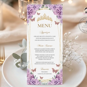 May include: Purple floral printable menu template with a gold crown and text that reads "MENU", "Appetizer", "Creamy Ricotta Polenta Cake with Mushroom Ragout and Roasted Tomato Sauce", "Main Course", "Grilled Salmon with Citrus Basil Relish Served with Potatoes and Asparagus", "Three Double Cuts of Rack of Lamb Coated in an Aromatic Blend of Fresh Herbs and Spices", "Served with Bouquet of Fresh Seasonal Vegetables", "Desserts", "Tiramisu", "Chocolate Mousse".