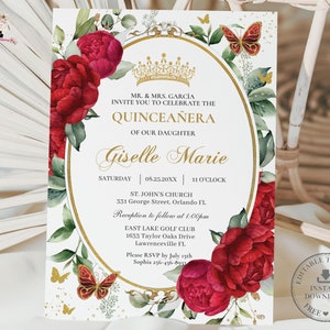 Vibrant Red Peonies Floral Gold Butterflies Quinceañera Invitation EDITABLE TEMPLATE Mis Quince 15 Sweet 16 Birthday Printable Download QC17