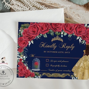 Enchanted Red Roses Yellow Gold Dress Quinceañera RSVP Reply Printable EDITABLE Template Mis Quince 15 Sweet 16 Birthday Printable File QC2
