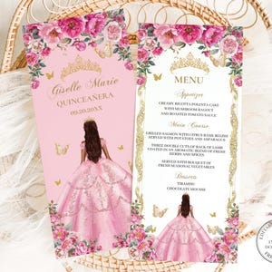 Pink Fuchsia Floral Gold Butterflies Princess Quinceañera Menu EDITABLE TEMPLATE Quince 15 XV Sweet 16 Birthday Download Digital File QC34