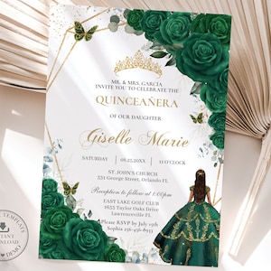 Smaragdgrüne Blumen Schmetterlinge Gold Quinceañera Einladung druckbare EDITIERBARE VORLAGE Quitte 15 Sweet 16 Geburtstag SOFORTIGER Download QC9