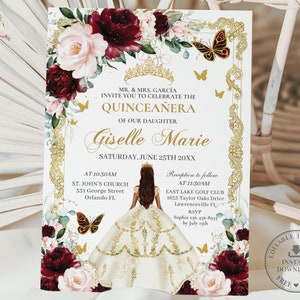 EDITABLE Burgundy Blush Floral Princess Ivory White Dress Gold Quinceañera Invitation Quince 15 XV Sweet 16 Birthday Download Digital QC29