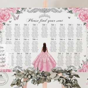 Pink Roses Quinceañera Seating Chart: Silver Crown, Editable Template (Printable Download, 24"x36")