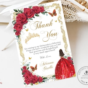 Red Floral Gold Butterflies Princess Quinceañera Thank You EDITABLE TEMPLATE Quince 15 XV Sweet 16th Birthday Download Digital File QC13