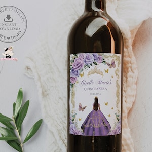 EDITABLE Purple Lilac Lavender Floral Gold Princess Quinceañera Wine Bottle Label Printable Mis Quince 15 Sweet 16 Birthday Printable QC37