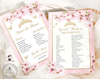 EDITABLE Template Pink Cherry Blossoms Sakura Floral Butterflies Quinceañera Padrinos List Corte de Honor Quince 15 XV Birthday Download QC4