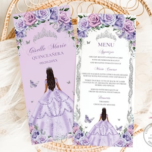 Purple Lilac Floral Silver Butterflies Princess Quinceañera Menu EDITABLE TEMPLATE Quince 15 XV Sweet 16 Birthday Download Digital File QC37