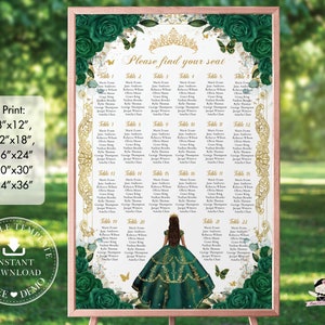 Emerald Green Floral Princess Gold Quinceañera Seating Chart Sign EDITABLE TEMPLATE Quince 15 Sweet 16 18th Birthday Printable Download QC9