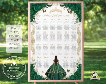 Op de afbeelding: Een afdrukbare zitplaatskaart sjabloon met een groen en gouden kleurenschema. De kaart toont een prinses in een groene jurk met gouden accenten en vlinders. De tekst "Zoek je plaats" staat bovenaan de kaart. De kaart is ontworpen voor een bruiloft of andere speciale gelegenheid.