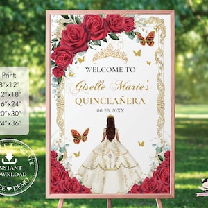 Red Roses Floral White Dress Princess Gold Quinceañera Welcome Sign EDITABLE TEMPLATE Quince 15 XV Sweet 16 Birthday Printable Download QC13