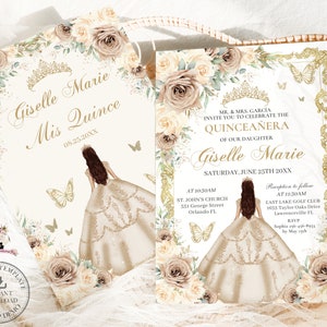 Op de afbeelding: Een Quinceañera-uitnodiging met een gouden en wit bloemendesign. De uitnodiging heeft een kroon, vlinders en de tekst "Giselle Marie" en "Quinceañera".