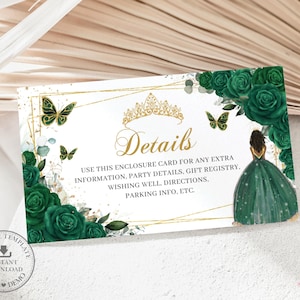 EDITABLE Emerald Green Floral Gold Brown Girl Quinceañera Details Registry Reception Card Printable Quince Sweet 16 Birthday Printable QC9