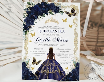 Navy Blue Floral Roses Butterflies Vintage Gold Quinceañera Invitation Printable EDITABLE TEMPLATE Quince 15 Sweet 16 Birthday Download QC10