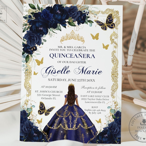 Navy Blue Floral Roses Butterflies Vintage Gold Quinceañera Invitation Printable EDITABLE TEMPLATE Quince 15 Sweet 16 Birthday Download QC10