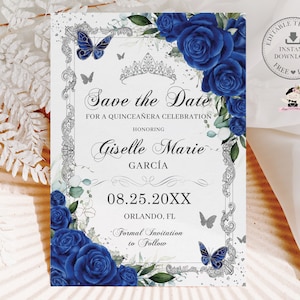 EDITABLE Template Royal Blue Floral Vintage Silver Butterflies Quinceañera Save the Date Quince XV Sweet 16 Birthday Download Printable QC16