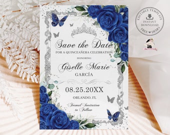 May include: A formal invitation for a quinceañera celebration. The design features a white background with a silver ornate border, blue roses, butterflies, and the text "Save the Date" and event details. The invitation is for Giselle Marie García.
