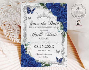 EDITABLE Template Royal Blue Floral Vintage Silver Butterflies Quinceañera Save the Date Quince XV Sweet 16 Birthday Download Printable QC16