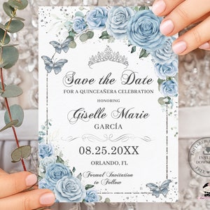 Baby Blue Floral Rose Silver Arch Quinceañera Save the Date MODELLO MODIFICABILE Mela cotogna 15 Dolce 16esimo compleanno Download immediato stampabile QC18