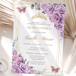 Purple Lilac Floral Roses Gold Quinceañera Invitation EDITABLE TEMPLATE, Mis Quince 15 Anos 16th Birthday Instant Download Printable, QC3