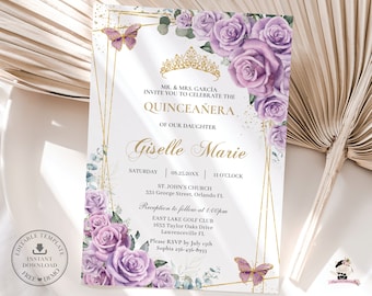 May include: Purple and gold quinceañera invitation with a floral design and a gold crown. The invitation includes the text "MR. & MRS. GARCIA INVITE YOU TO CELEBRATE THE QUINCEAÑERA OF OUR DAUGHTER Giselle Marie" and details for the event.