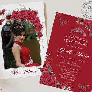 Rojo Floral Rosa Plata Quinceañera Foto Invitación PLANTILLA EDITABLE Mis Quince 15 Anos Dulce 16 Cumpleaños Descarga Instantánea Imprimible QC13