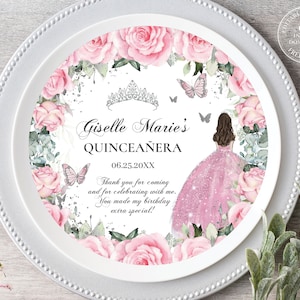 EDITABLE Plate Charger Insert Pink Roses Floral Silver Butterflies Princess Dress Quinceañera Quince 15 XV Sweet 16th Birthday Download QC24