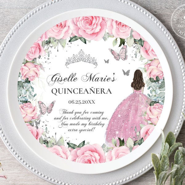 EDITABLE Plate Charger Insert Pink Roses Floral Silver Butterflies Princess Dress Quinceañera Quince 15 XV Sweet 16th Birthday Download QC24