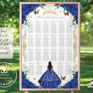 Royal Blue Roses Floral Gold Quinceañera Seating Chart Sign EDITABLE TEMPLATE Quince 15 XV Sweet 16 18th Birthday Printable Download QC16