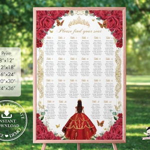Red Roses Floral Girl Gown Gold Quinceañera Seating Chart Sign EDITABLE TEMPLATE Quince 15 XV Sweet 16 18th Birthday Printable Download QC13