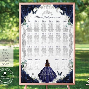Navy Blue Roses Silver Quinceañera Seating Chart Template (24"x36" Editable Download) Tan Princess Quince 15 Sweet 16 Birthday Download QC10