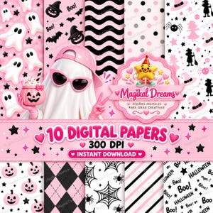 Puede incluir: Una colección de 10 papeles digitales con temas de Halloween en patrones rosas, negros y blancos que incluyen fantasmas, calabazas, arañas, telarañas y estrellas. La imagen muestra un personaje fantasma central con gafas rosas.