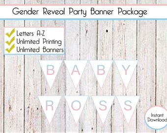 Gender Reveal Partydekorationen, druckbares Namensbanner, blaues und rosafarbenes Banner, Wimpelbanner, Babyparty