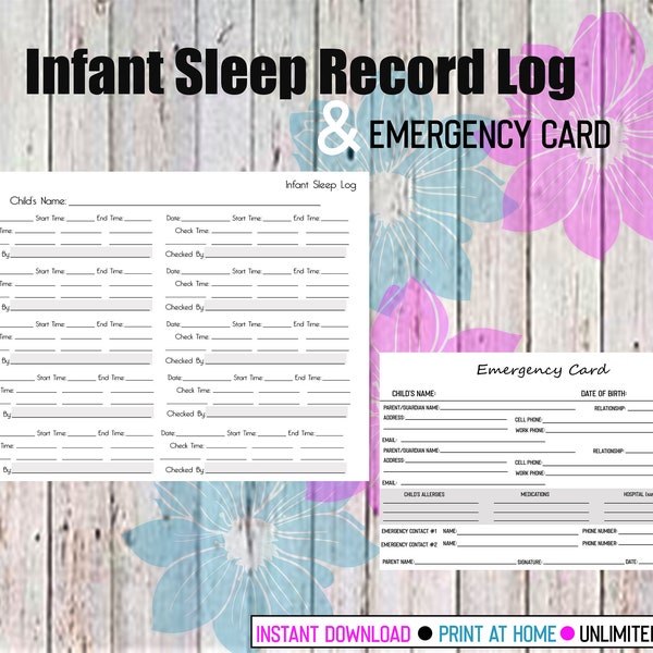 Infant Sleep Log, Home Daycare organizing Forms, Record Log, Child Emergency Card, Childcare Infant Sleep Plan, New Daycare Printable Forms