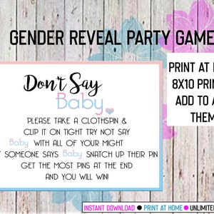 Gender Reveal Party Game, Don&#39;t Say Baby Game, Blue and Pink Printable Game, Table Top Games, Outdoor Gender Reveal Games