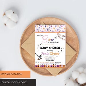 Convite para chá de bebê de Halloween | Convite personalizado para chá de bebê de menina | Convites para impressão | Convites fofos de Halloween