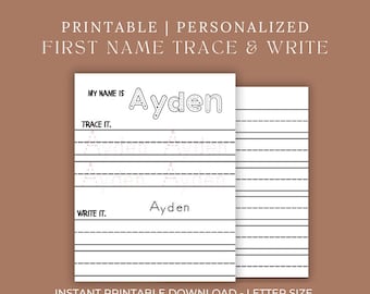 May include: A white printable worksheet with the name "Ayden" in a dotted font for tracing and writing practice. The worksheet includes the text "MY NAME IS", "TRACE IT.", and "WRITE IT.". The words "PRINTABLE | PERSONALIZED FIRST NAME TRACE & WRITE" are at the top.