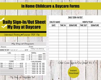 May include: A printable daycare sign-in/out sheet with a yellow and white woodgrain background. The sheet includes a section for the child's name, date, time in, time out, and signatures. The sheet also includes a section for daily notes about the child's day, including what they ate, when they slept, and when they were changed. The sheet is titled "My Day at Daycare" and is available for instant download.