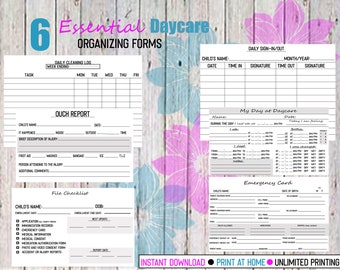 Può includere: Sei moduli di asilo nido stampabili in bianco e nero con accenti grigi. I moduli includono un registro di pulizia giornaliero, un rapporto di dolore, un elenco di controllo dei file, un foglio di registrazione giornaliera di entrata e uscita, un modulo "La mia giornata all'asilo nido" e una scheda di emergenza.